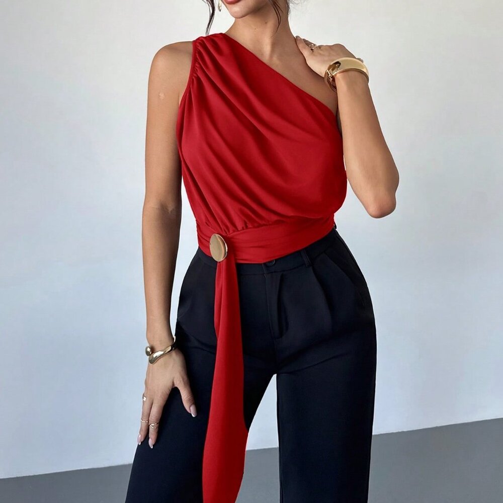 Red Elegant Women's Refined Romantic Urban Chic Shoulder-Buckle Ribbon Blouse